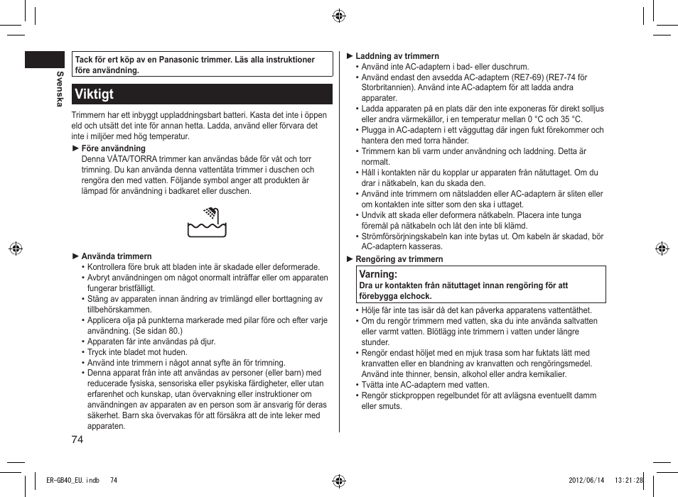 Viktigt | Panasonic ERGB40 User Manual | Page 74 / 140