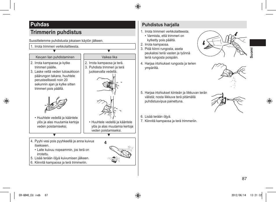 Puhdas trimmerin puhdistus, Puhdistus harjalla | Panasonic ERGB40 User Manual | Page 87 / 140