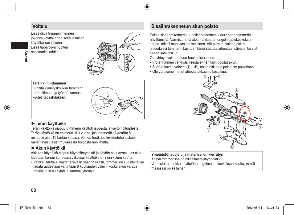 Voitelu, Sisäänrakennetun akun poisto | Panasonic ERGB40 User Manual | Page 88 / 140