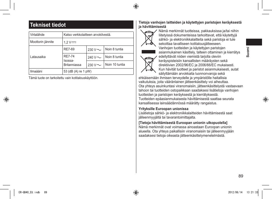 Tekniset tiedot | Panasonic ERGB40 User Manual | Page 89 / 140