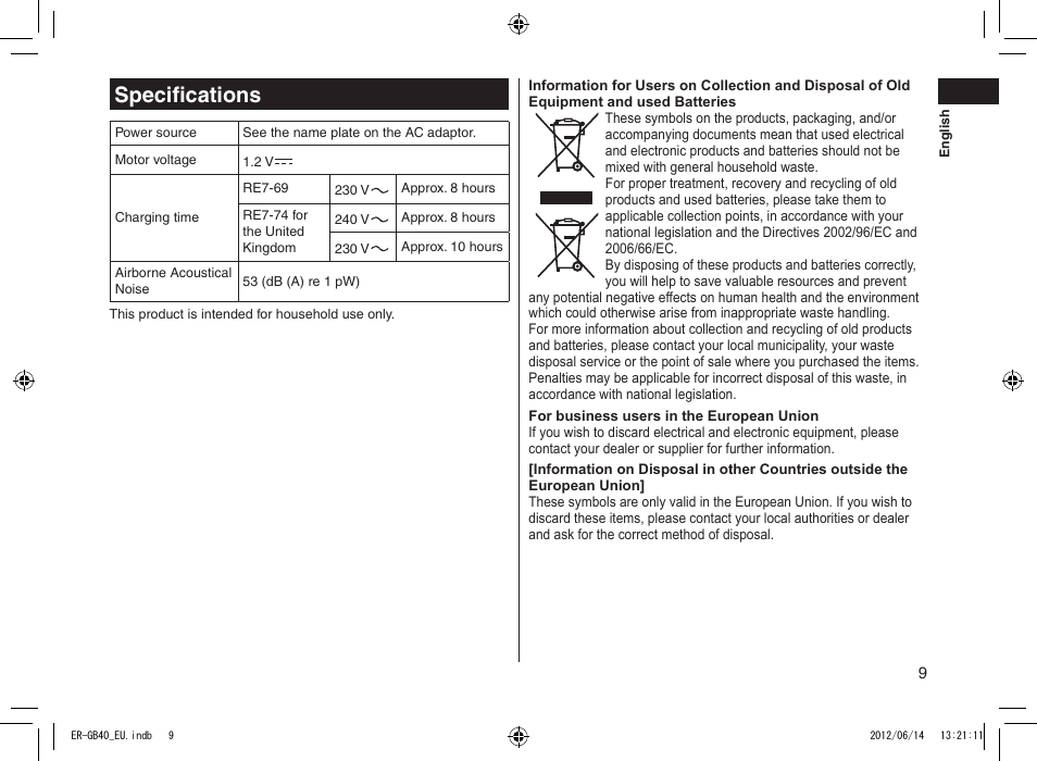 Specifications | Panasonic ERGB40 User Manual | Page 9 / 140