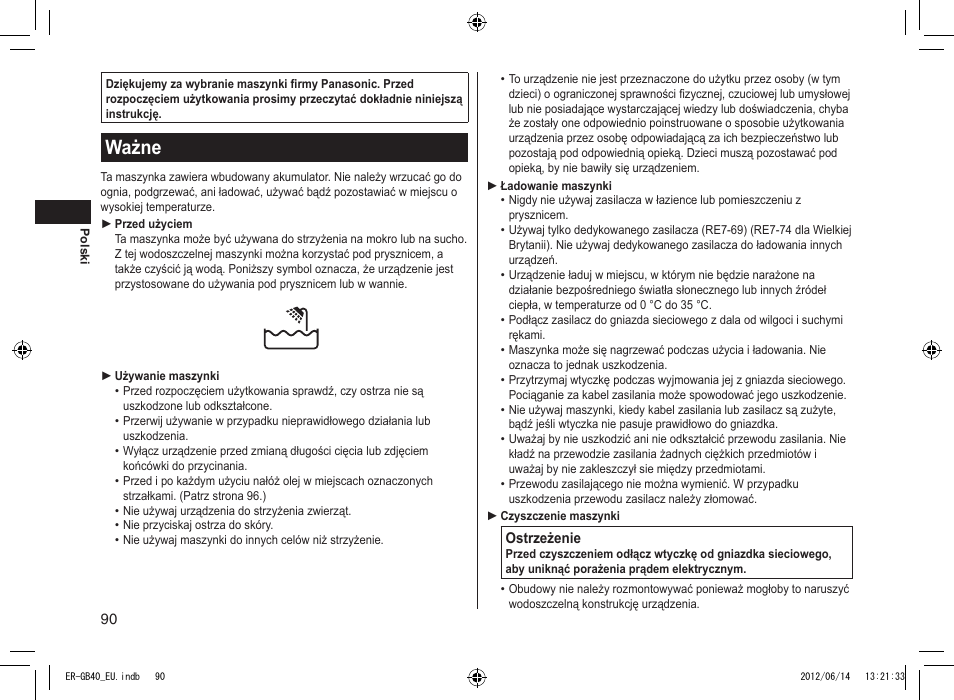 Ważne | Panasonic ERGB40 User Manual | Page 90 / 140