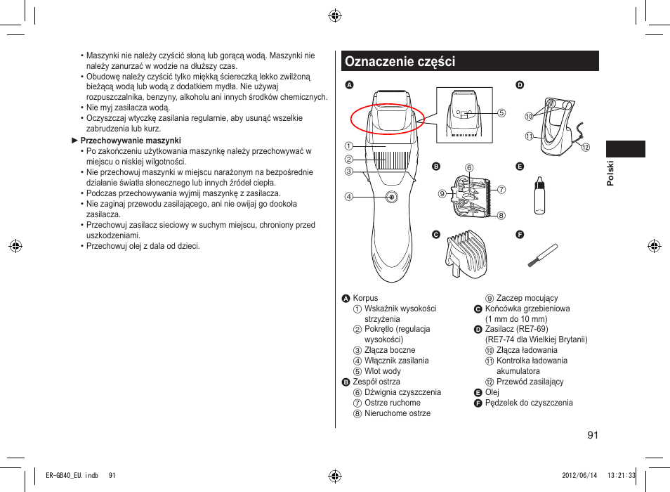 Oznaczenie części | Panasonic ERGB40 User Manual | Page 91 / 140