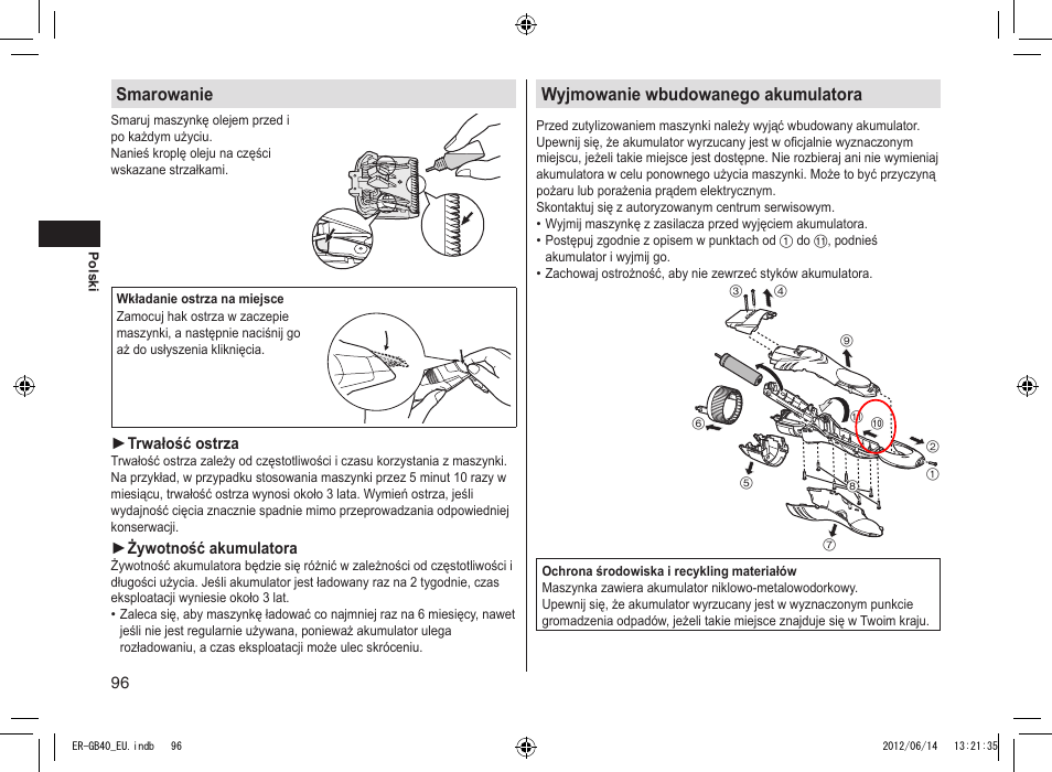 Smarowanie, Wyjmowanie wbudowanego akumulatora | Panasonic ERGB40 User Manual | Page 96 / 140
