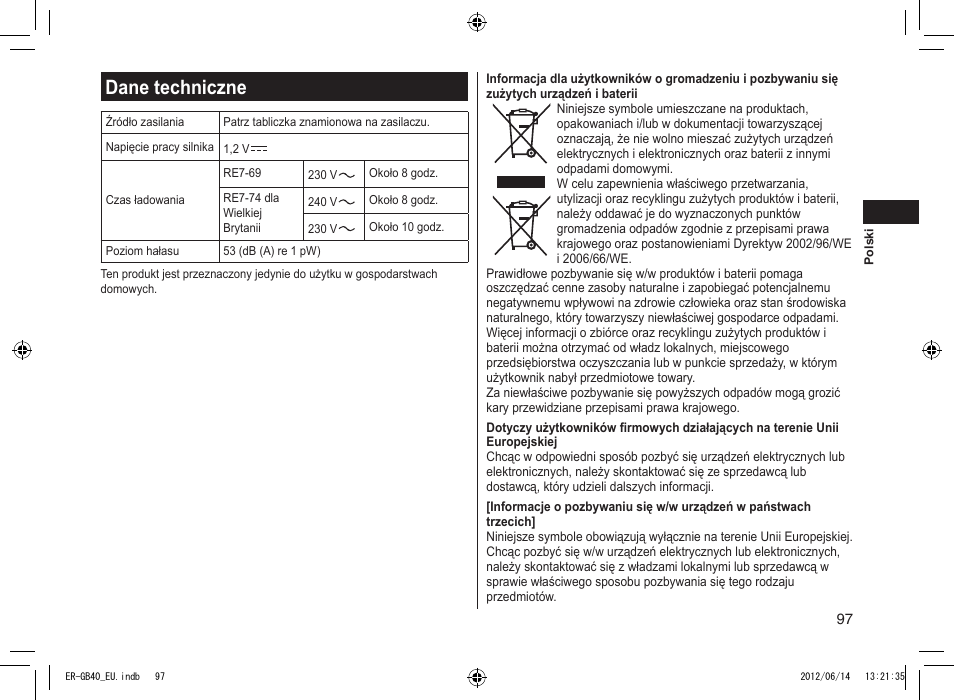 Dane techniczne | Panasonic ERGB40 User Manual | Page 97 / 140