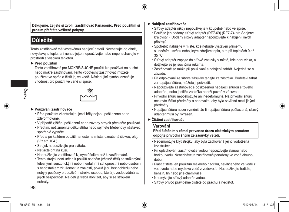 Důležité | Panasonic ERGB40 User Manual | Page 98 / 140
