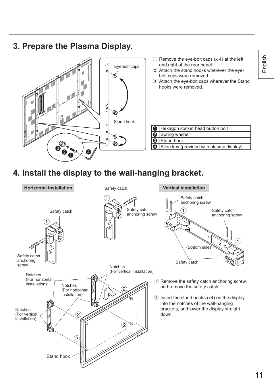 11 3. prepare the plasma display, Install the display to the wall-hanging bracket, English | Panasonic TYWK103PV9 User Manual | Page 11 / 64
