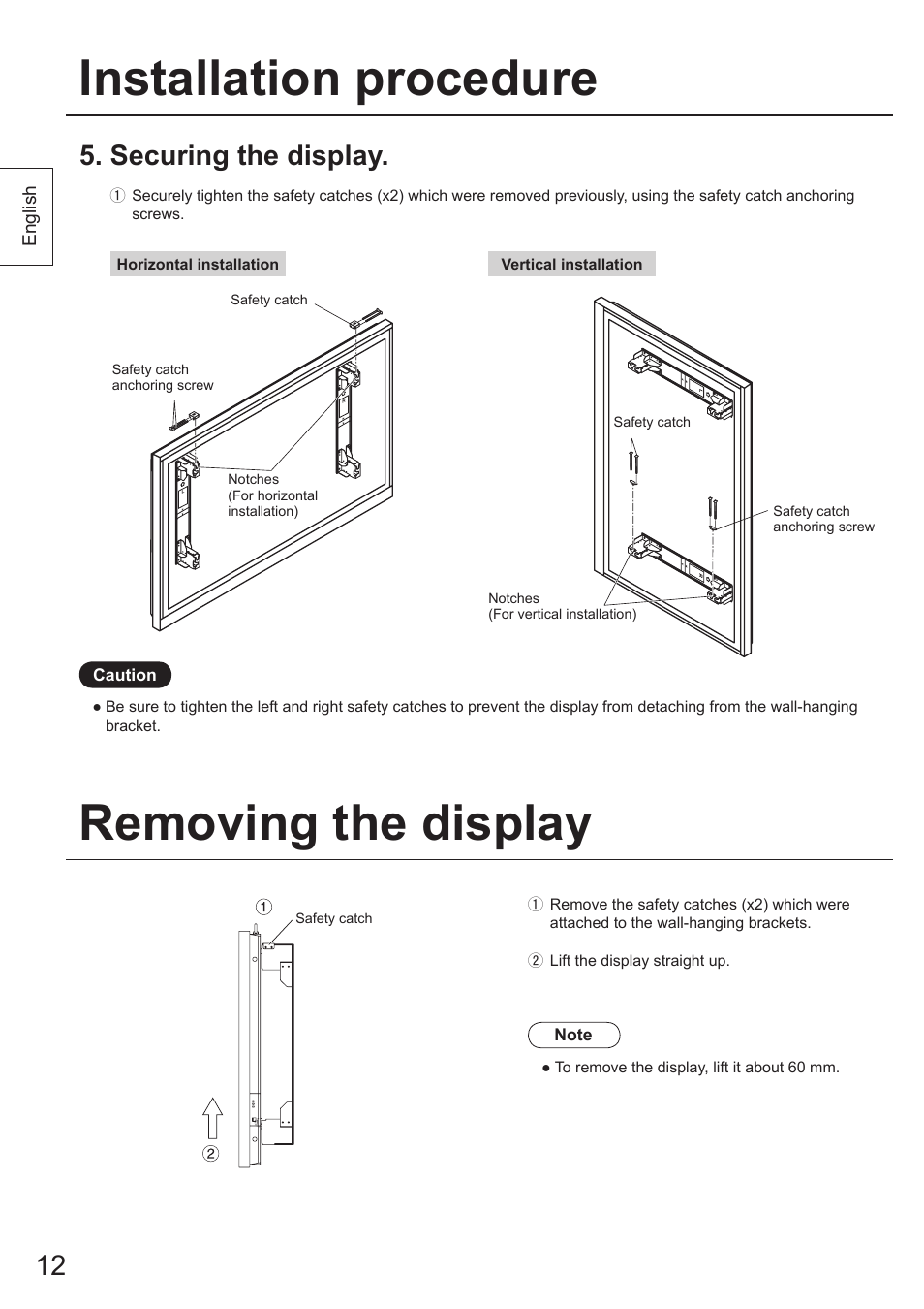 Installation procedure, Removing the display, Securing the display | Panasonic TYWK103PV9 User Manual | Page 12 / 64