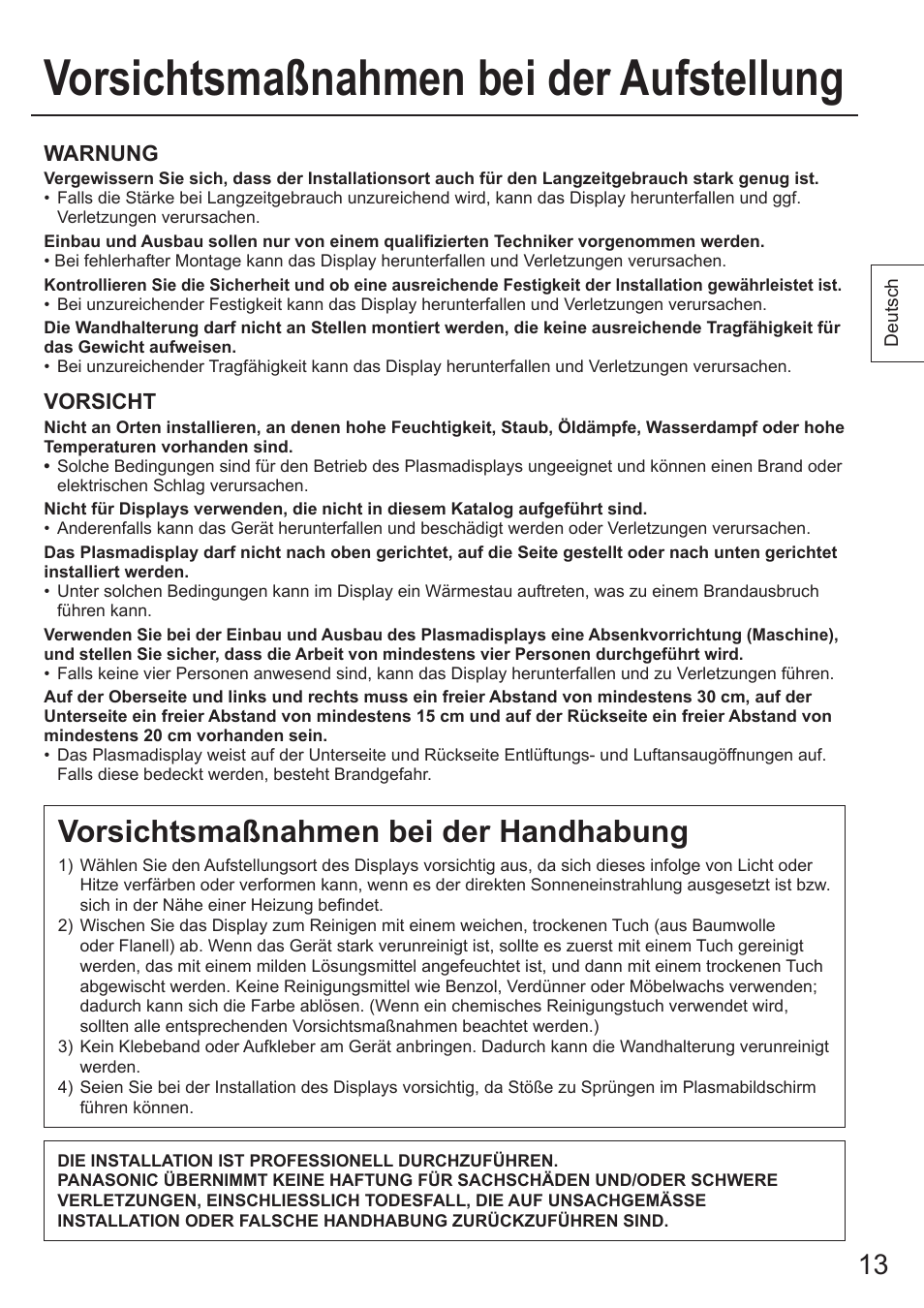 Vorsichtsmaßnahmen bei der aufstellung, Vorsichtsmaßnahmen bei der handhabung, Warnung | Vorsicht | Panasonic TYWK103PV9 User Manual | Page 13 / 64