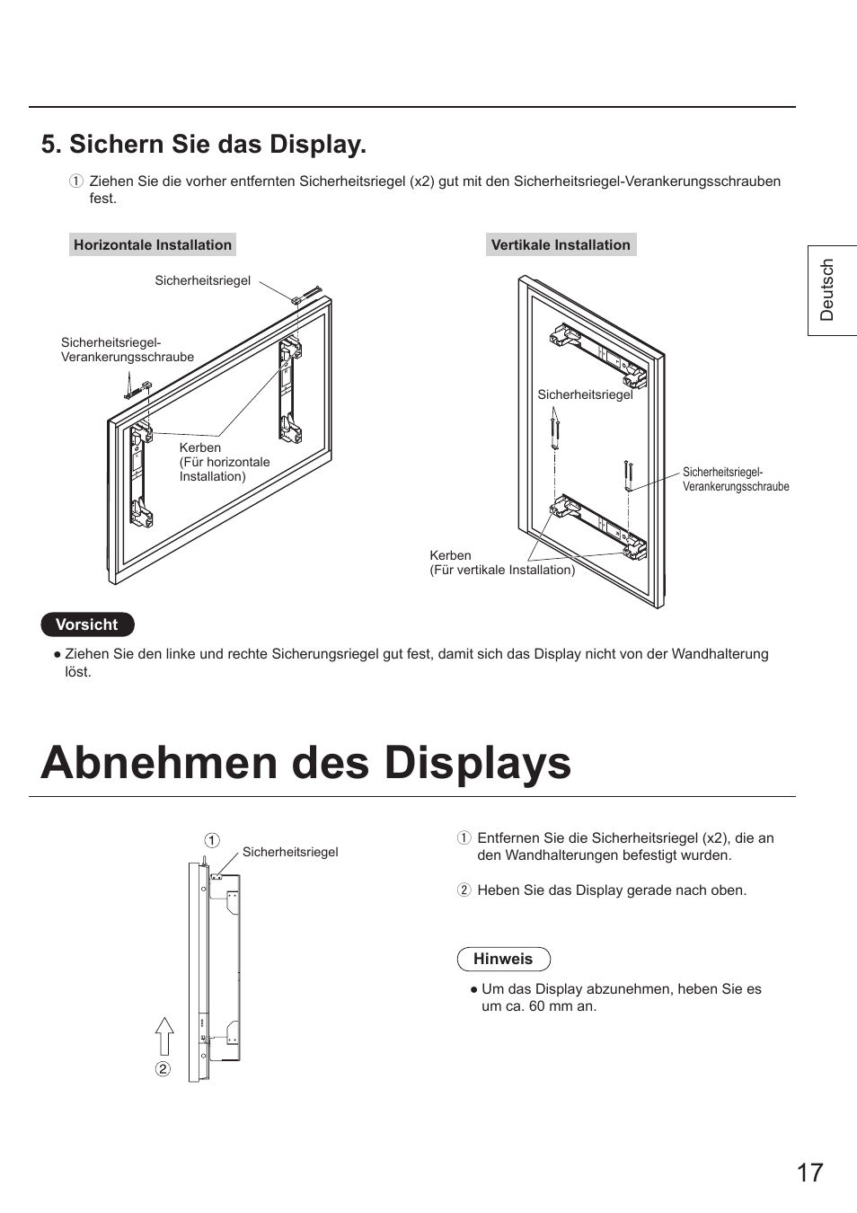 Abnehmen des displays, Sichern sie das display | Panasonic TYWK103PV9 User Manual | Page 17 / 64