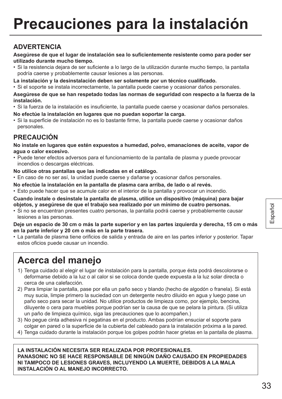 Precauciones para la instalación, Acerca del manejo | Panasonic TYWK103PV9 User Manual | Page 33 / 64