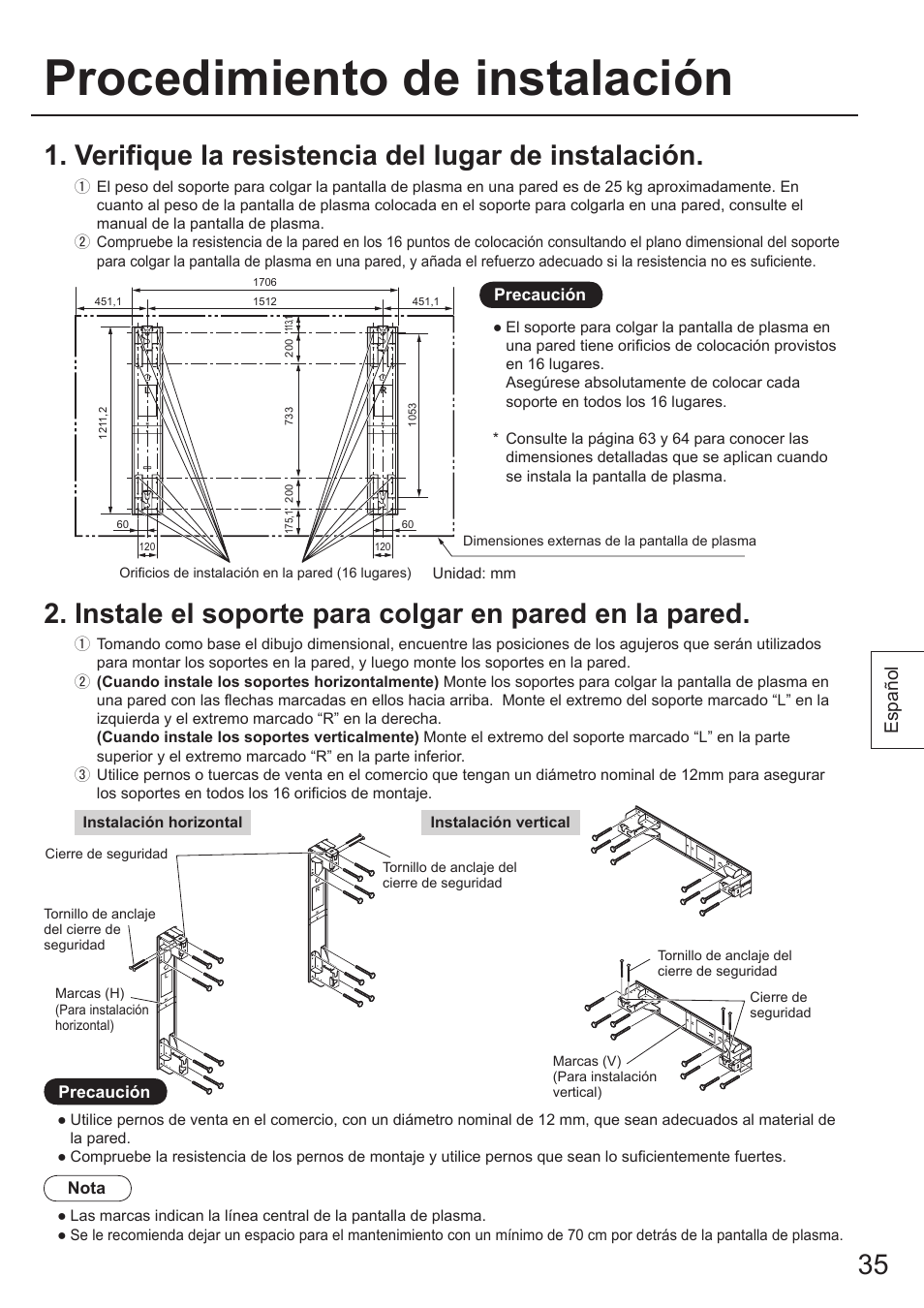 Procedimiento de instalación, Verifique la resistencia del lugar de instalación, Español | Panasonic TYWK103PV9 User Manual | Page 35 / 64