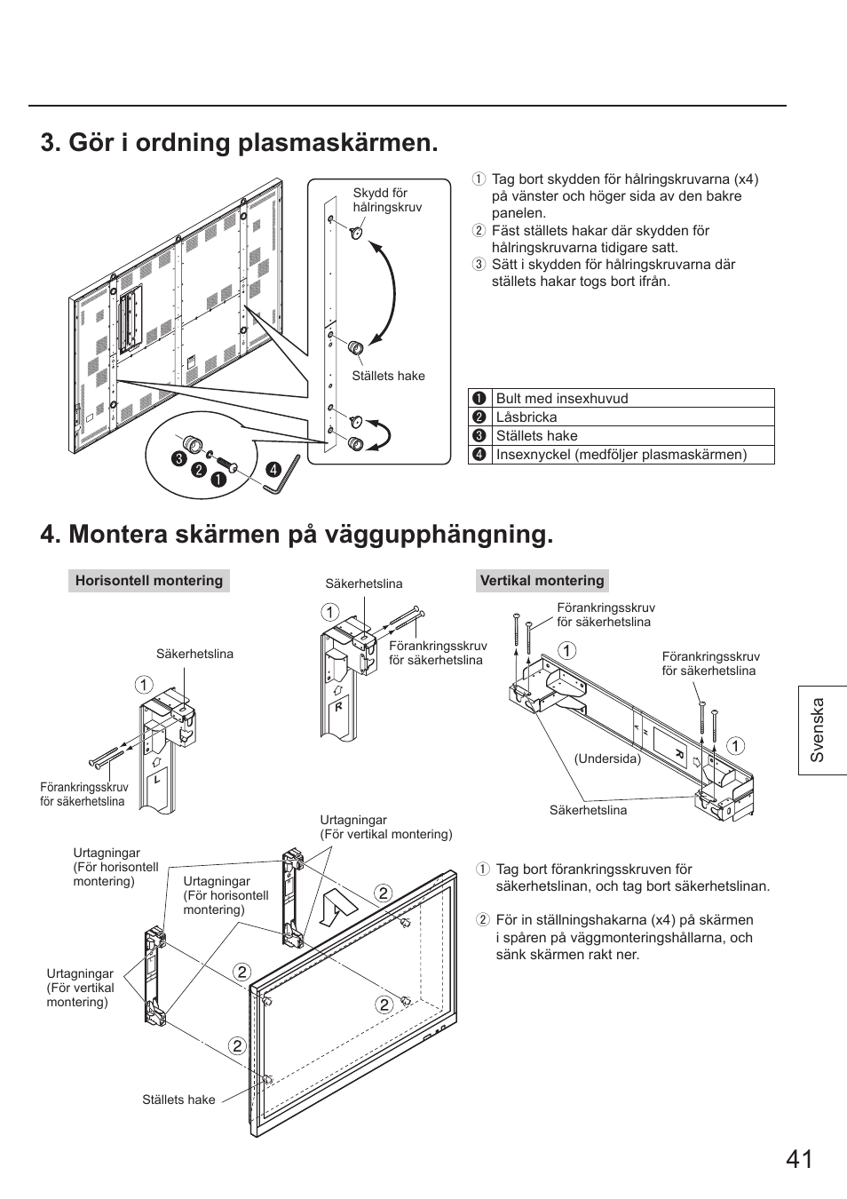 1 3. gör i ordning plasmaskärmen, Montera skärmen på väggupphängning, Svenska | Panasonic TYWK103PV9 User Manual | Page 41 / 64
