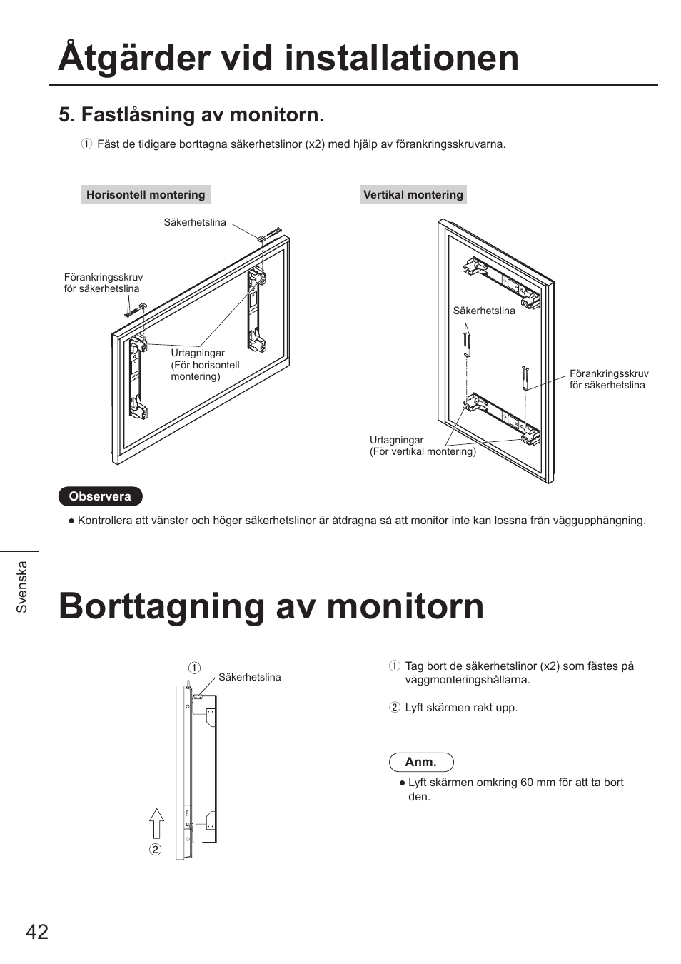 Borttagning av monitorn, Åtgärder vid installationen, Fastlåsning av monitorn | Panasonic TYWK103PV9 User Manual | Page 42 / 64