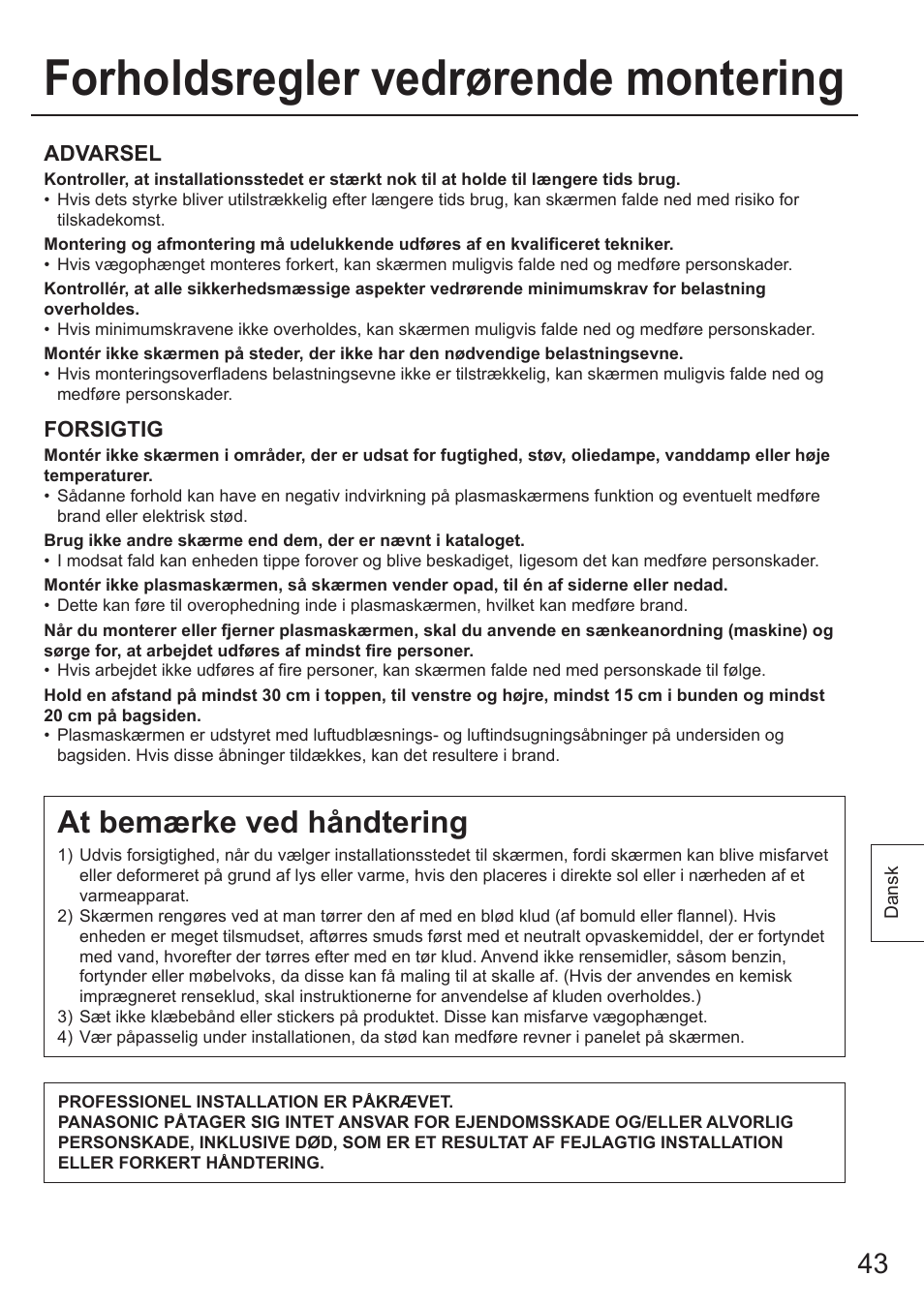 Forholdsregler vedrørende montering, At bemærke ved håndtering | Panasonic TYWK103PV9 User Manual | Page 43 / 64