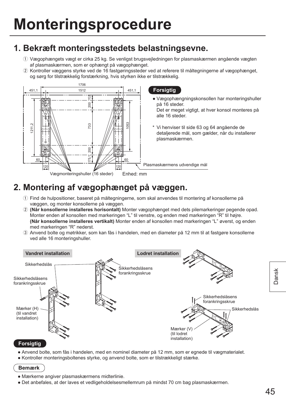 Monteringsprocedure, Montering af vægophænget på væggen, Bekræft monteringsstedets belastningsevne | Dansk | Panasonic TYWK103PV9 User Manual | Page 45 / 64