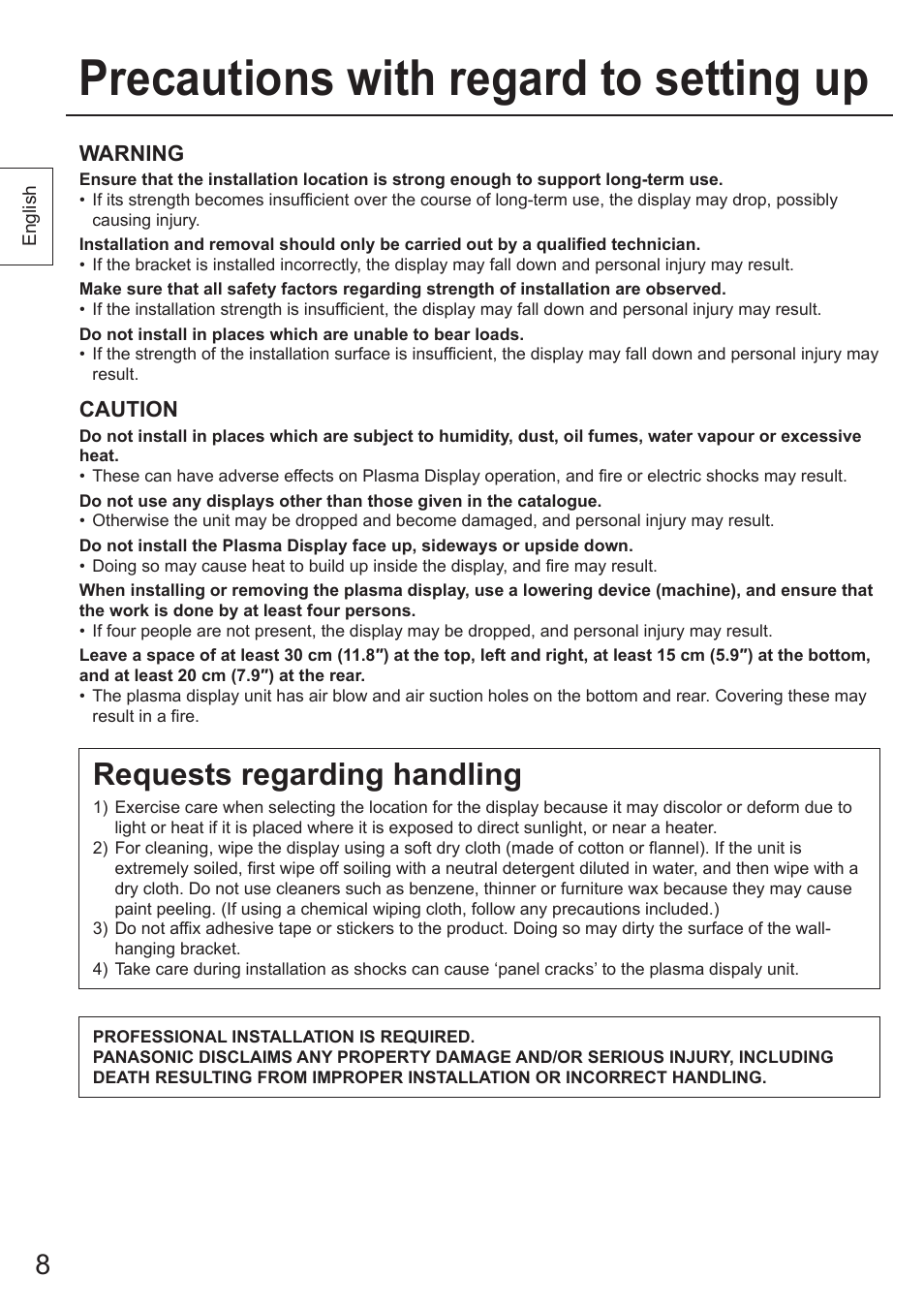 Precautions with regard to setting up, Requests regarding handling | Panasonic TYWK103PV9 User Manual | Page 8 / 64