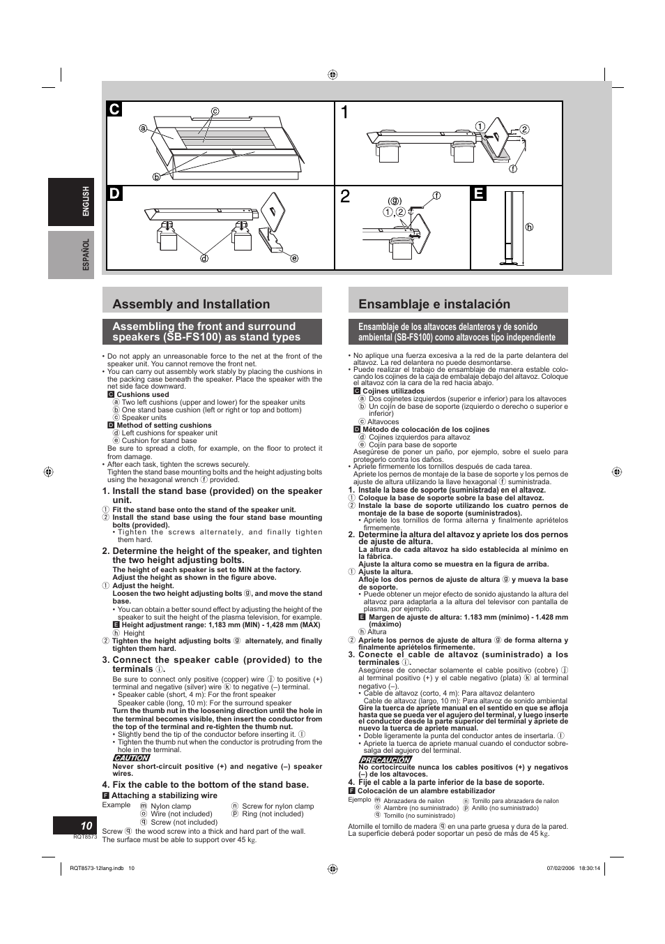 Assembly and installation, Ensamblaje e instalación | Panasonic SBTP100 User Manual | Page 10 / 64