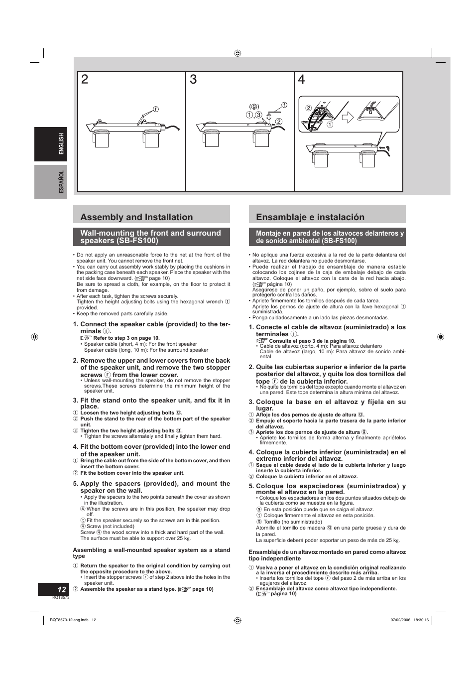 Assembly and installation, Ensamblaje e instalación | Panasonic SBTP100 User Manual | Page 12 / 64