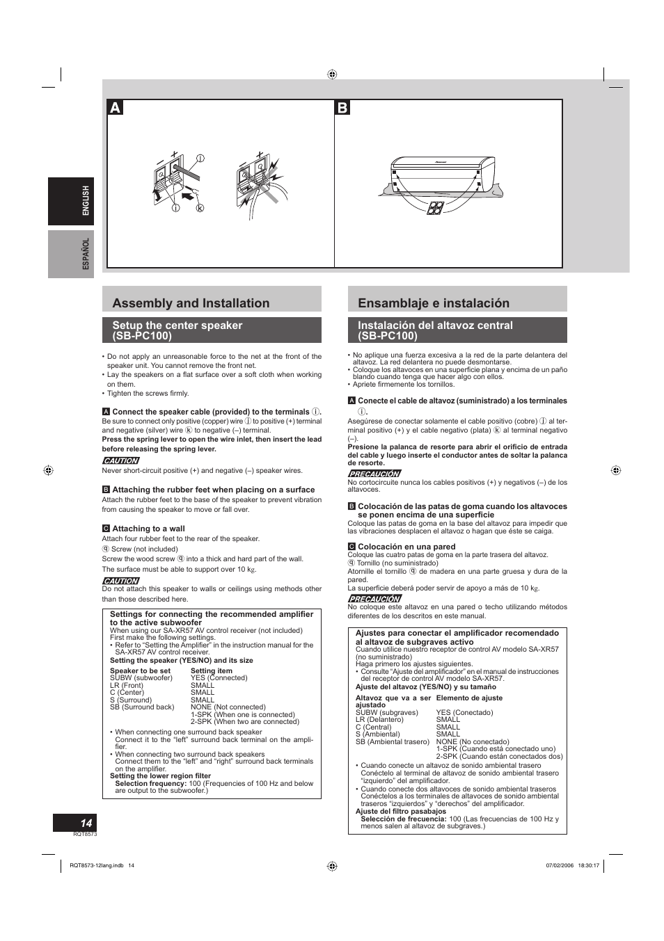 Assembly and installation, Ensamblaje e instalación, Setup the center speaker (sb-pc100) | Instalación del altavoz central (sb-pc100) | Panasonic SBTP100 User Manual | Page 14 / 64