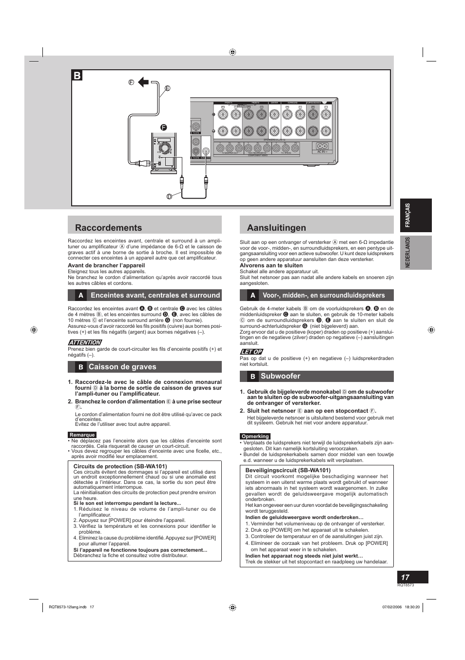 Aansluitingen, Raccordements, Subwoofer | Caisson de graves, Voor-, midden-, en surroundluidsprekers, Enceintes avant, centrales et surround | Panasonic SBTP100 User Manual | Page 17 / 64