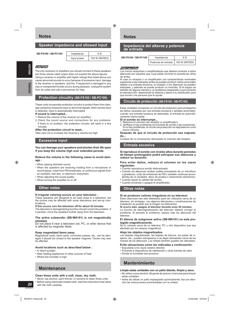 Maintenance, Notas, Mantenimiento | Speaker impedance and allowed input, Protection circuitry, Excessive input, Impedancia del altavoz y potencia de entrada, Circuito de protección, Entrada excesiva, Otras notas | Panasonic SBTP100 User Manual | Page 20 / 64