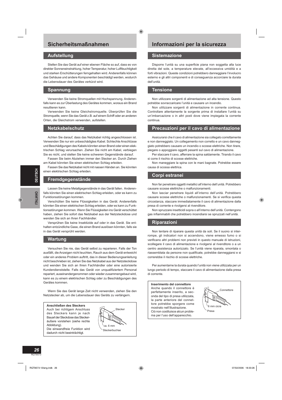 Sicherheitsmaßnahmen, Informazioni per la sicurezza, Aufstellung | Spannung, Netzkabelschutz, Fremdgegenstände, Wartung, Sistemazione, Tensione, Precauzioni per il cavo di alimentazione | Panasonic SBTP100 User Manual | Page 26 / 64