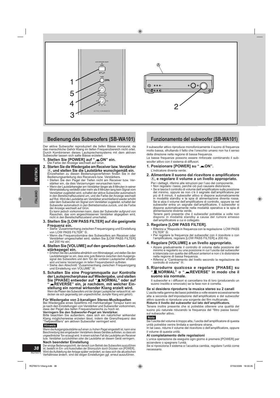 Bedienung des subwoofers (sb-wa101), Funzionamento del subwoofer (sb-wa101) | Panasonic SBTP100 User Manual | Page 38 / 64