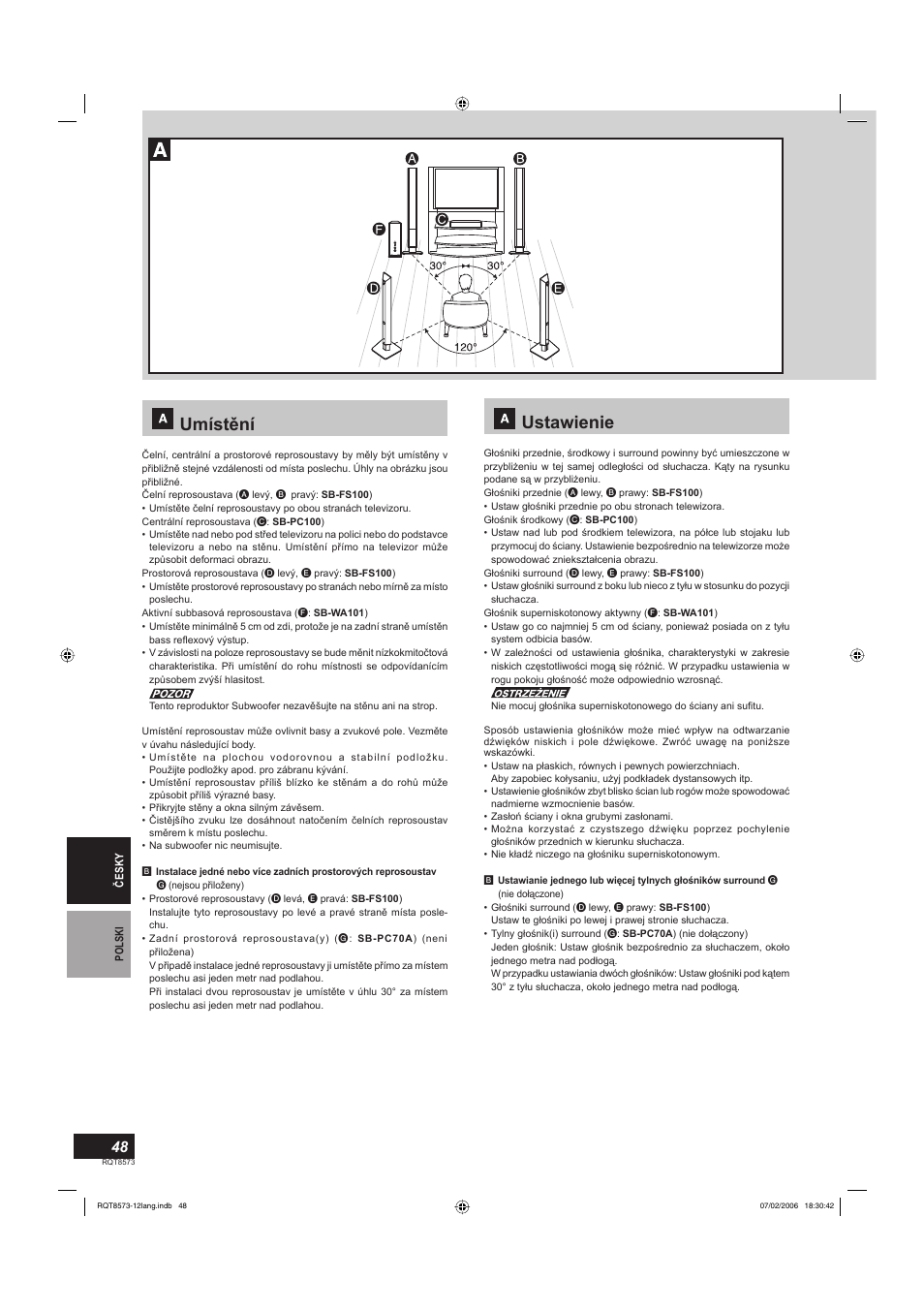 Umístění, Ustawienie | Panasonic SBTP100 User Manual | Page 48 / 64