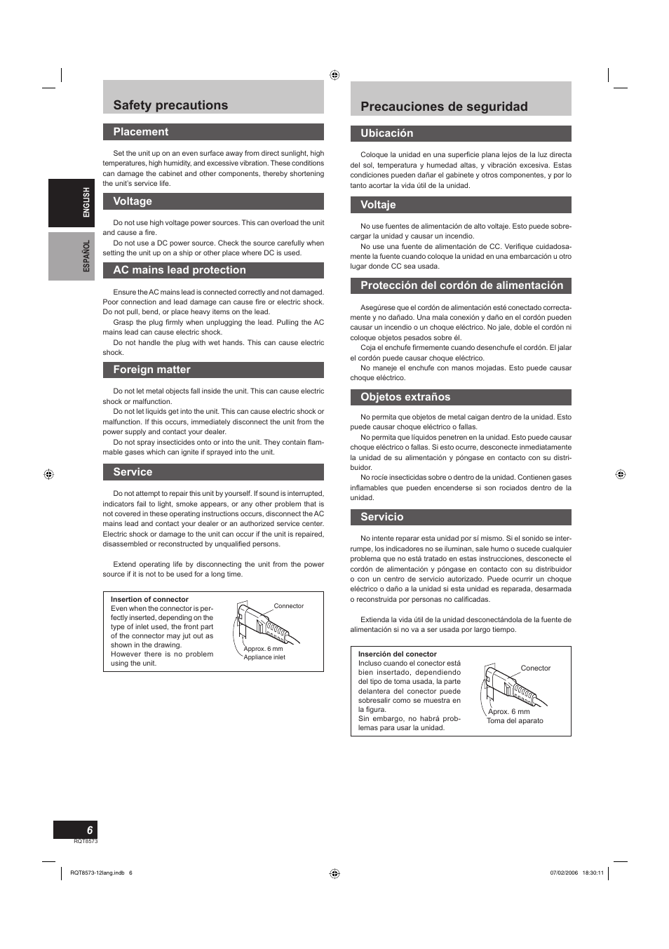 Safety precautions, Precauciones de seguridad, Placement | Voltage, Ac mains lead protection, Foreign matter, Service, Ubicación, Voltaje, Protección del cordón de alimentación | Panasonic SBTP100 User Manual | Page 6 / 64