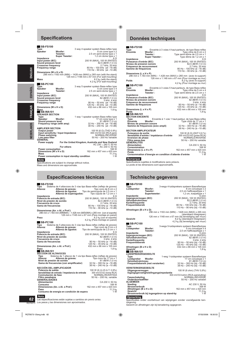 Specifi cations, Données techniques, Especifi caciones técnicas | Technische gegevens | Panasonic SBTP100 User Manual | Page 62 / 64