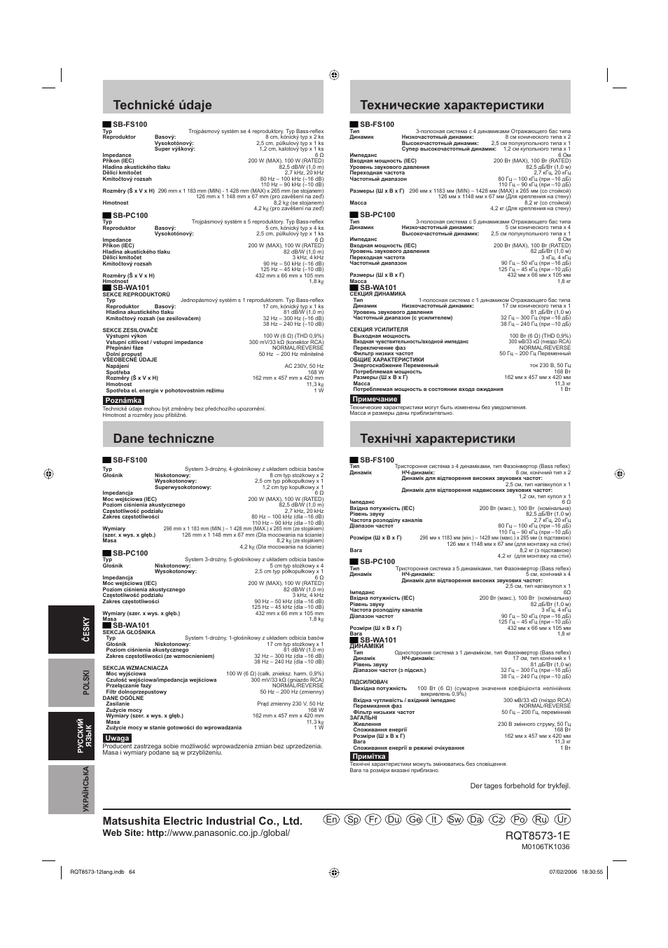 Технічні характеристики, Texничecкиe xapaктepиcтики, Technické údaje | Dane techniczne, Matsushita electric industrial co., ltd, En sp fr du ge it sw da cz po ru ur, Česky polski | Panasonic SBTP100 User Manual | Page 64 / 64