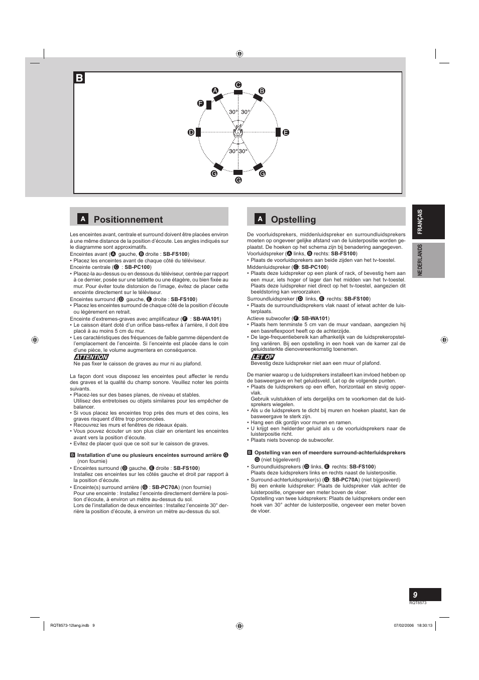 Positionnement, Opstelling | Panasonic SBTP100 User Manual | Page 9 / 64