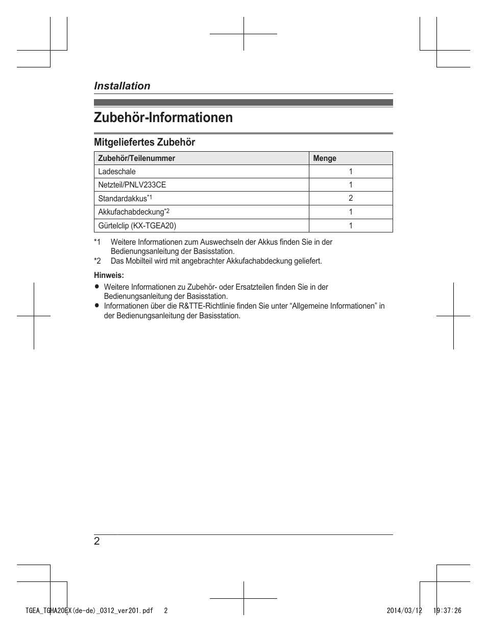 Installation, Zubehör-informationen, Mitgeliefertes zubehör | 2installation | Panasonic KXTGEA20EX User Manual | Page 10 / 112