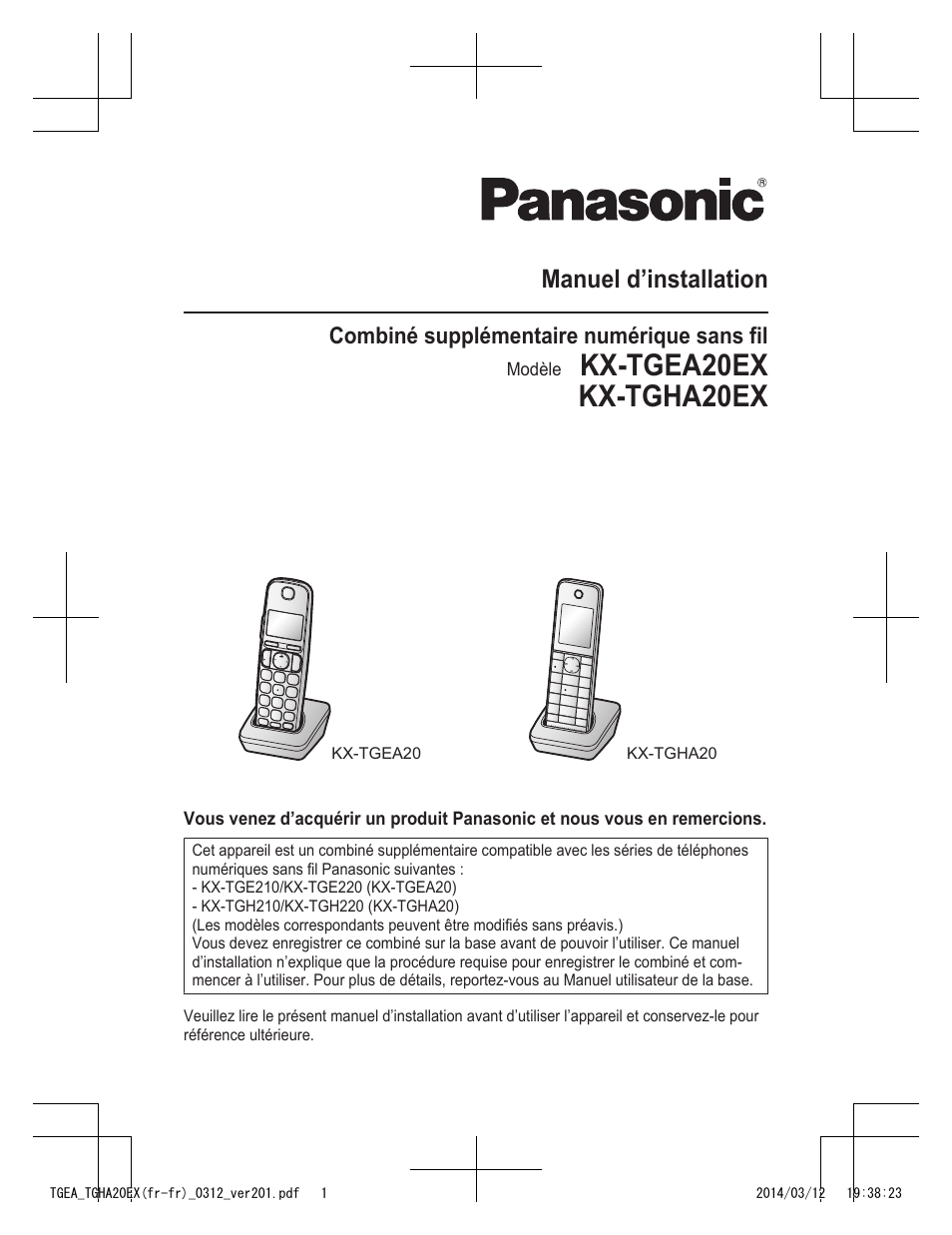 Kx-tgea20ex kx-tgha20ex, Manuel d’installation, Combiné supplémentaire numérique sans fil | Panasonic KXTGEA20EX User Manual | Page 17 / 112