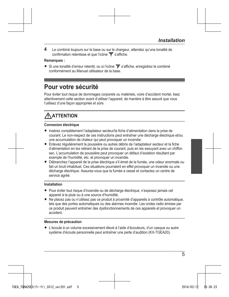 Pour votre sécurité | Panasonic KXTGEA20EX User Manual | Page 21 / 112