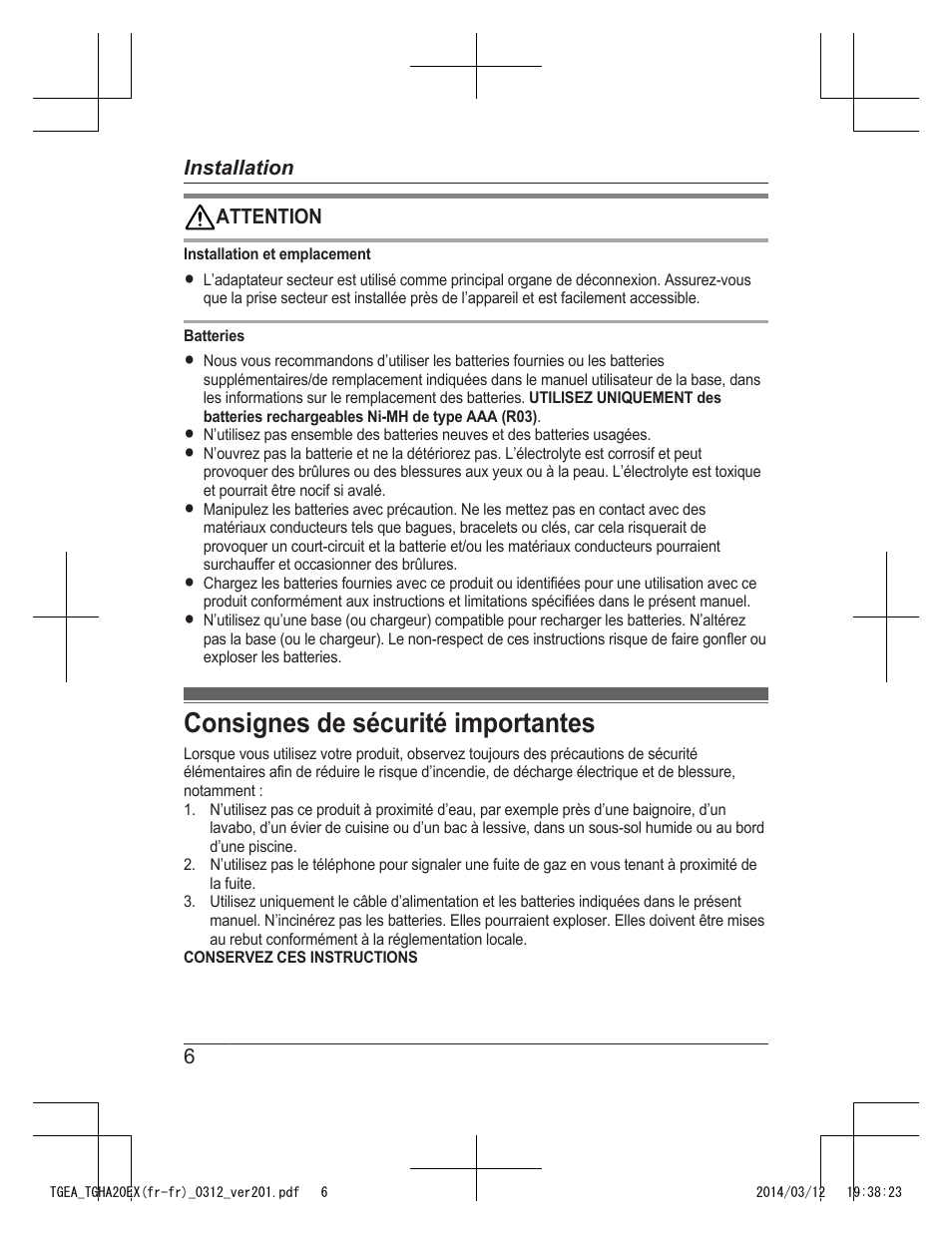 Consignes de sécurité importantes | Panasonic KXTGEA20EX User Manual | Page 22 / 112