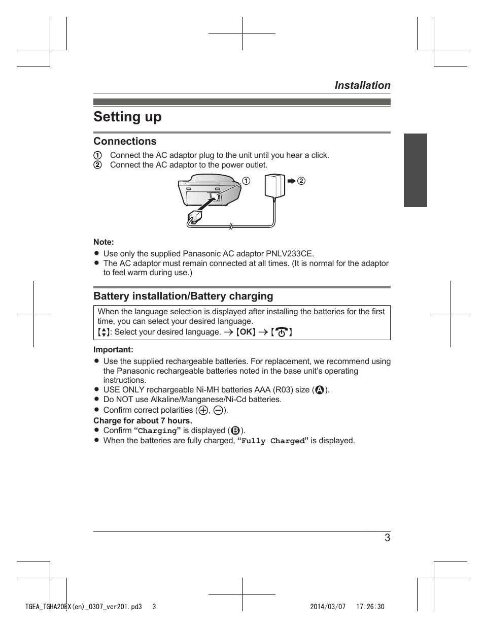 Setting up | Panasonic KXTGEA20EX User Manual | Page 3 / 112