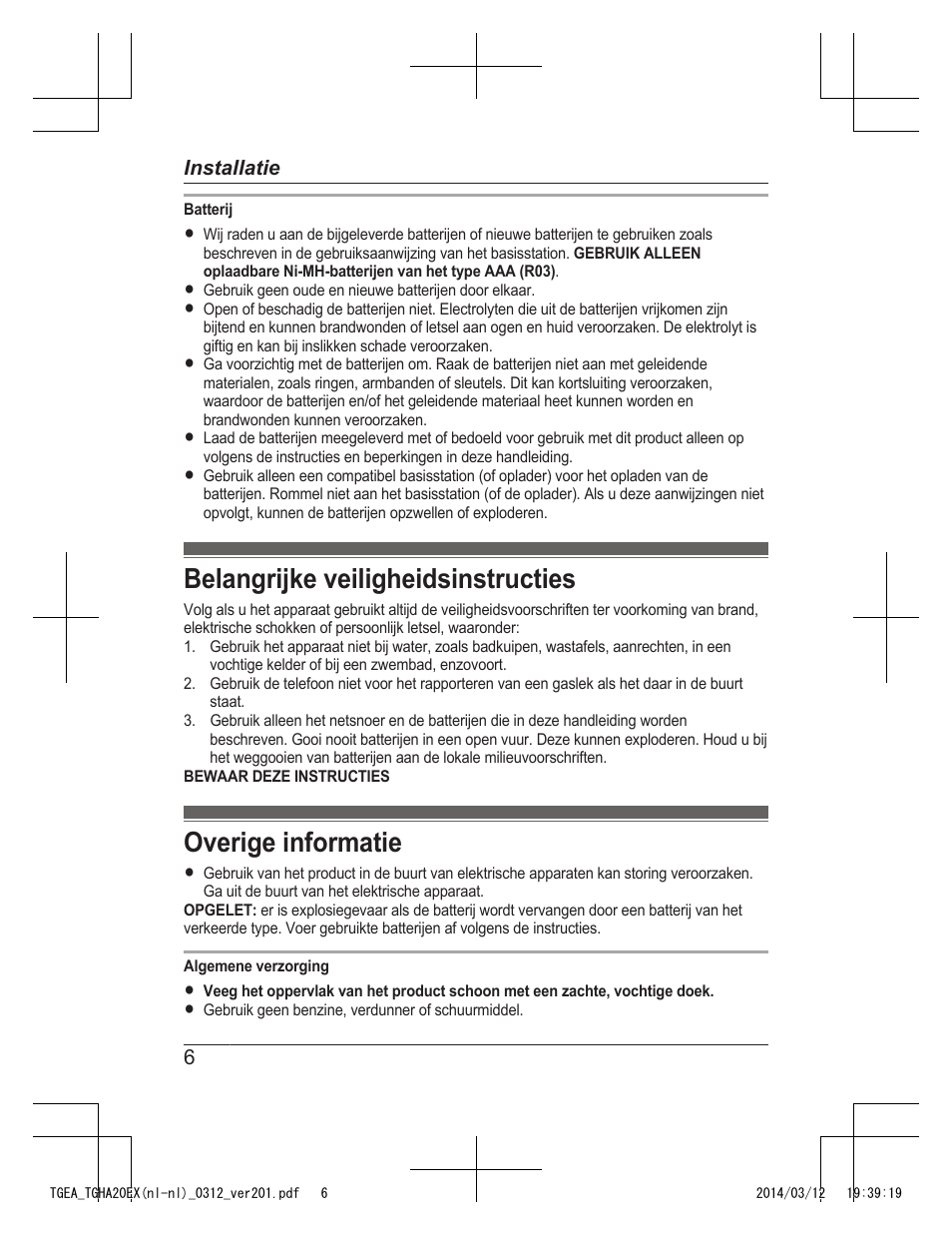 Belangrijke veiligheidsinstructies, Overige informatie | Panasonic KXTGEA20EX User Manual | Page 30 / 112