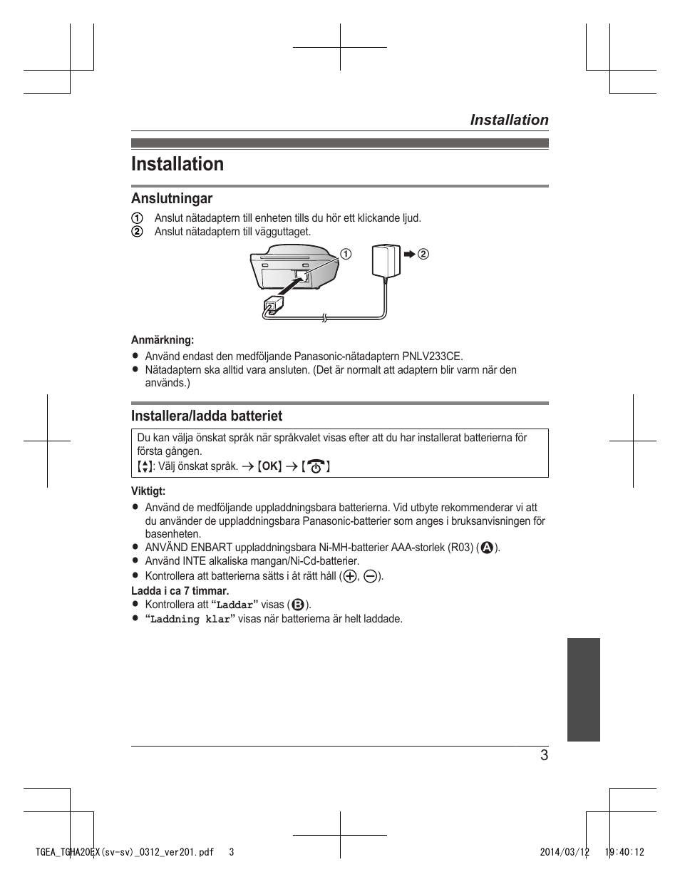Installation | Panasonic KXTGEA20EX User Manual | Page 35 / 112