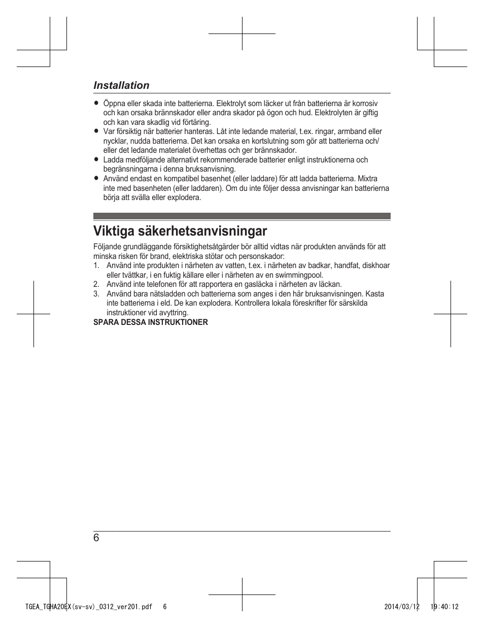 Viktiga säkerhetsanvisningar | Panasonic KXTGEA20EX User Manual | Page 38 / 112
