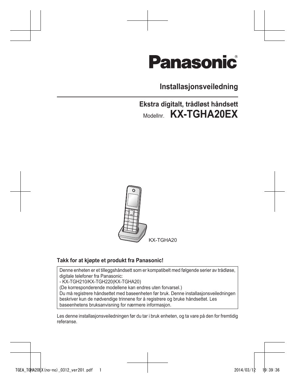 Kx-tgha20ex, Installasjonsveiledning, Ekstra digitalt, trådløst håndsett | Panasonic KXTGEA20EX User Manual | Page 41 / 112