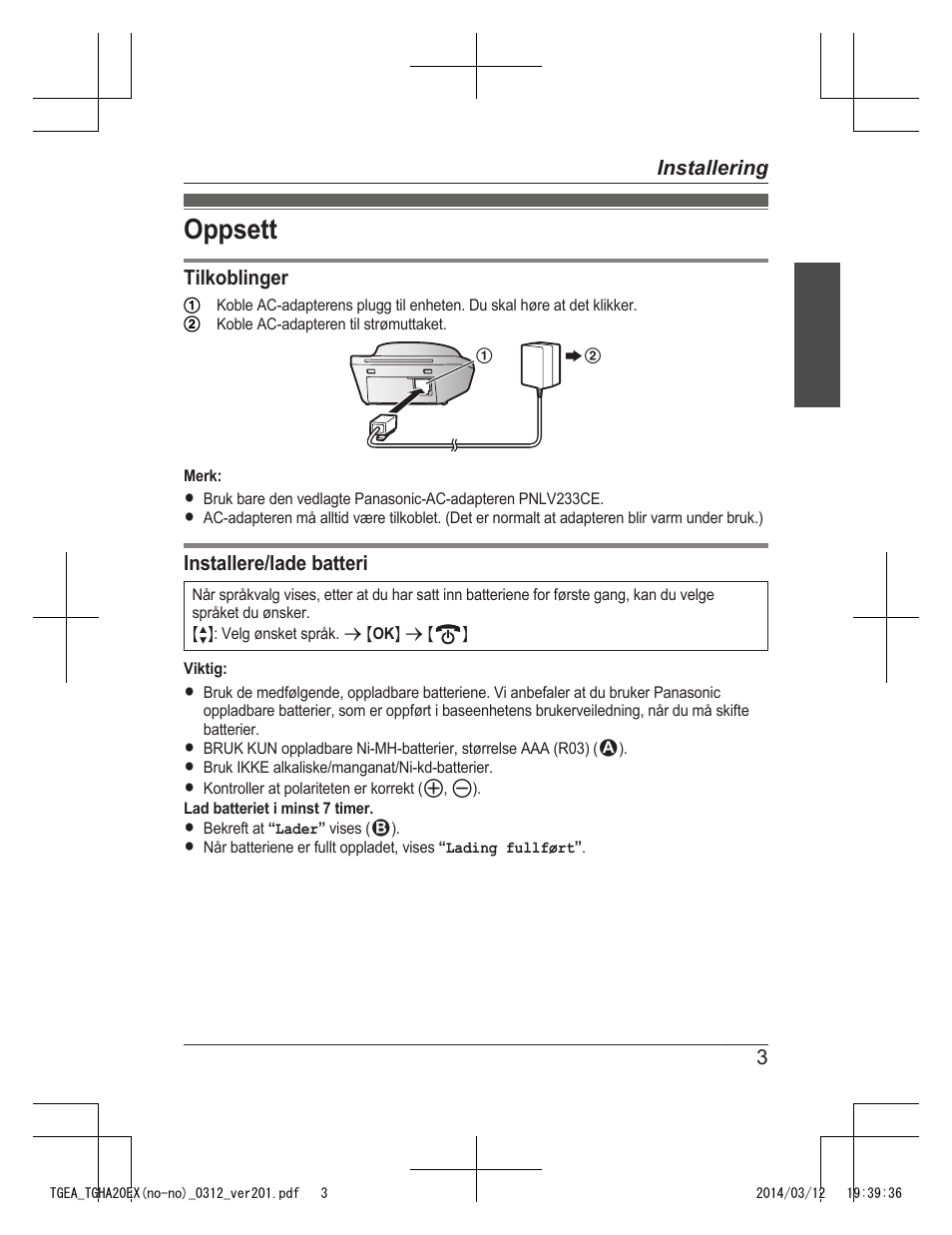 Oppsett | Panasonic KXTGEA20EX User Manual | Page 43 / 112