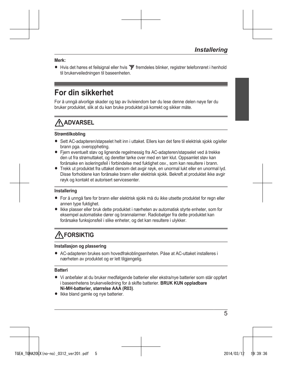 For din sikkerhet | Panasonic KXTGEA20EX User Manual | Page 45 / 112