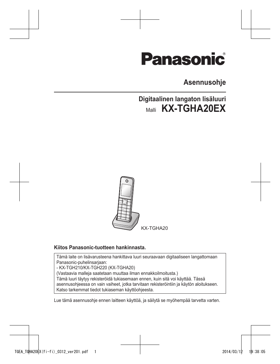 Kx-tgha20ex, Asennusohje, Digitaalinen langaton lisäluuri | Panasonic KXTGEA20EX User Manual | Page 49 / 112