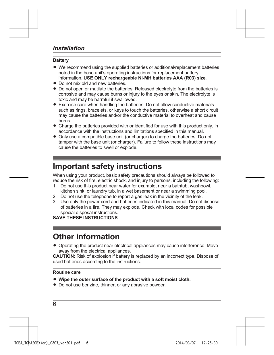 Important safety instructions, Other information | Panasonic KXTGEA20EX User Manual | Page 6 / 112