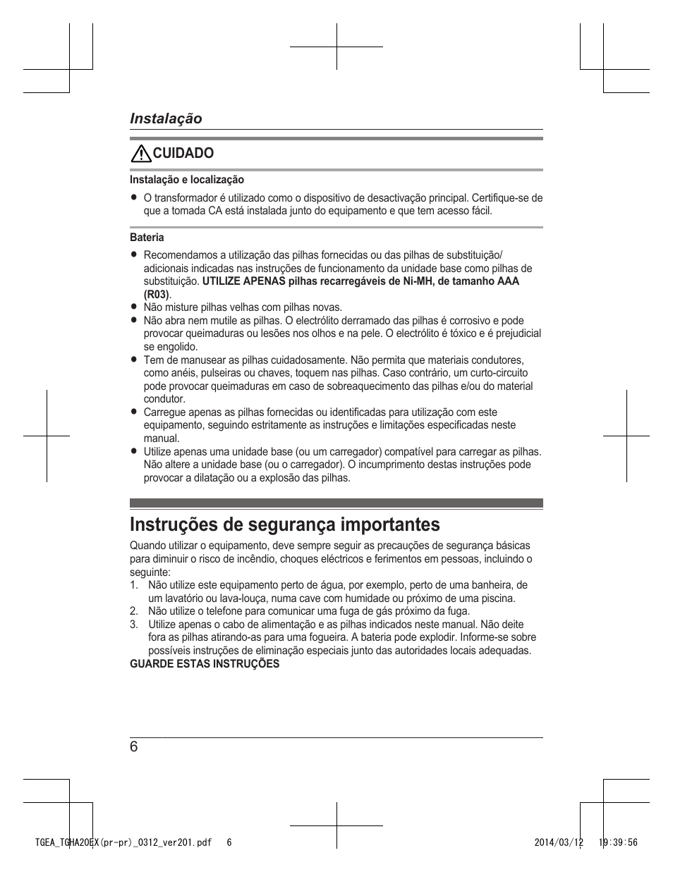 Instruções de segurança importantes | Panasonic KXTGEA20EX User Manual | Page 62 / 112