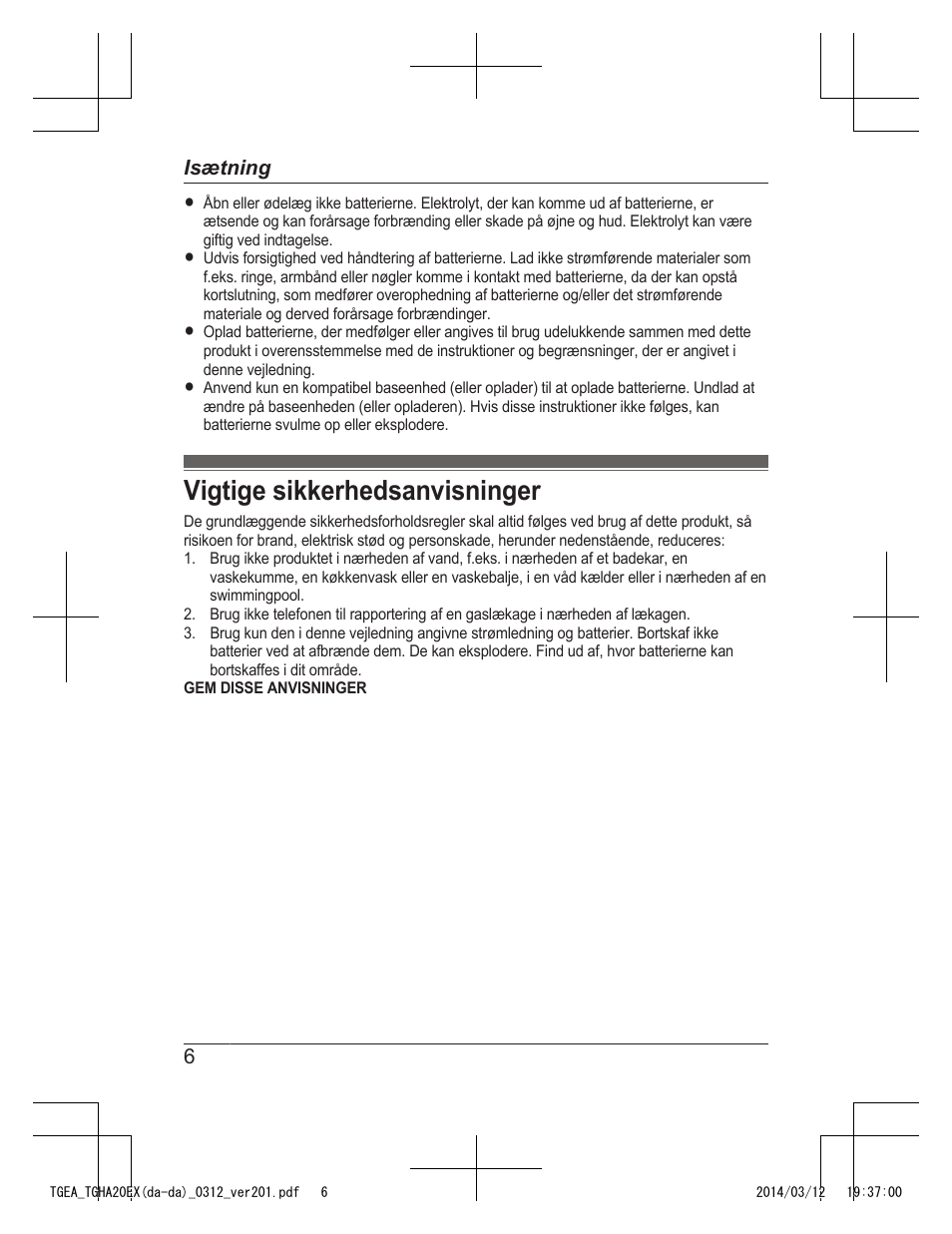 Vigtige sikkerhedsanvisninger | Panasonic KXTGEA20EX User Manual | Page 78 / 112