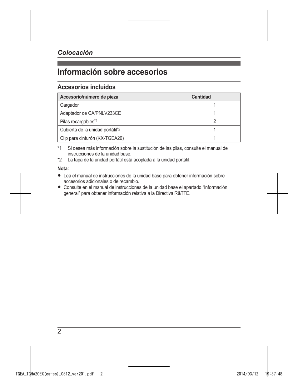 Colocación, Información sobre accesorios, Accesorios incluidos | 2colocación | Panasonic KXTGEA20EX User Manual | Page 82 / 112