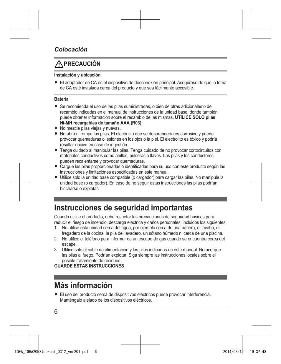 Instrucciones de seguridad importantes, Más información | Panasonic KXTGEA20EX User Manual | Page 86 / 112